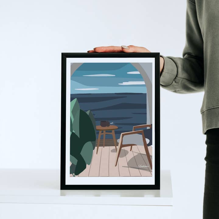 Serenity Beach View Balcony Art Poster | Relaxing Ocean View Art Print | Blue Tones Wall Art Print Poster Card | Breath Art Print | Ocean for wholesale by Xenhome