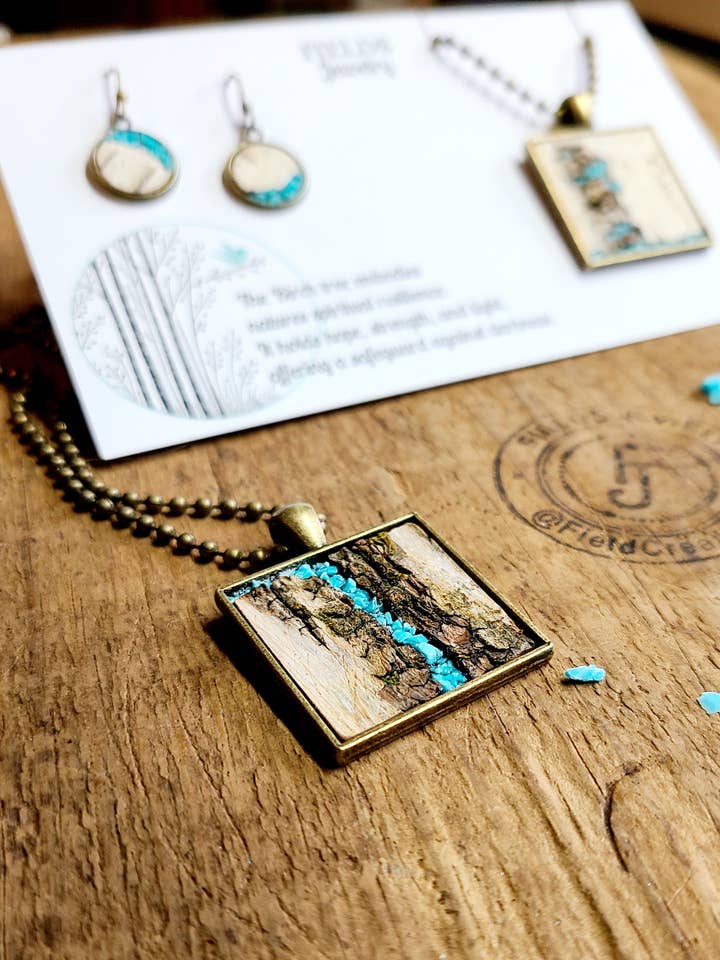 Turquoise Birch Bark Square Necklace Set Botanical Nature for wholesale by Fields