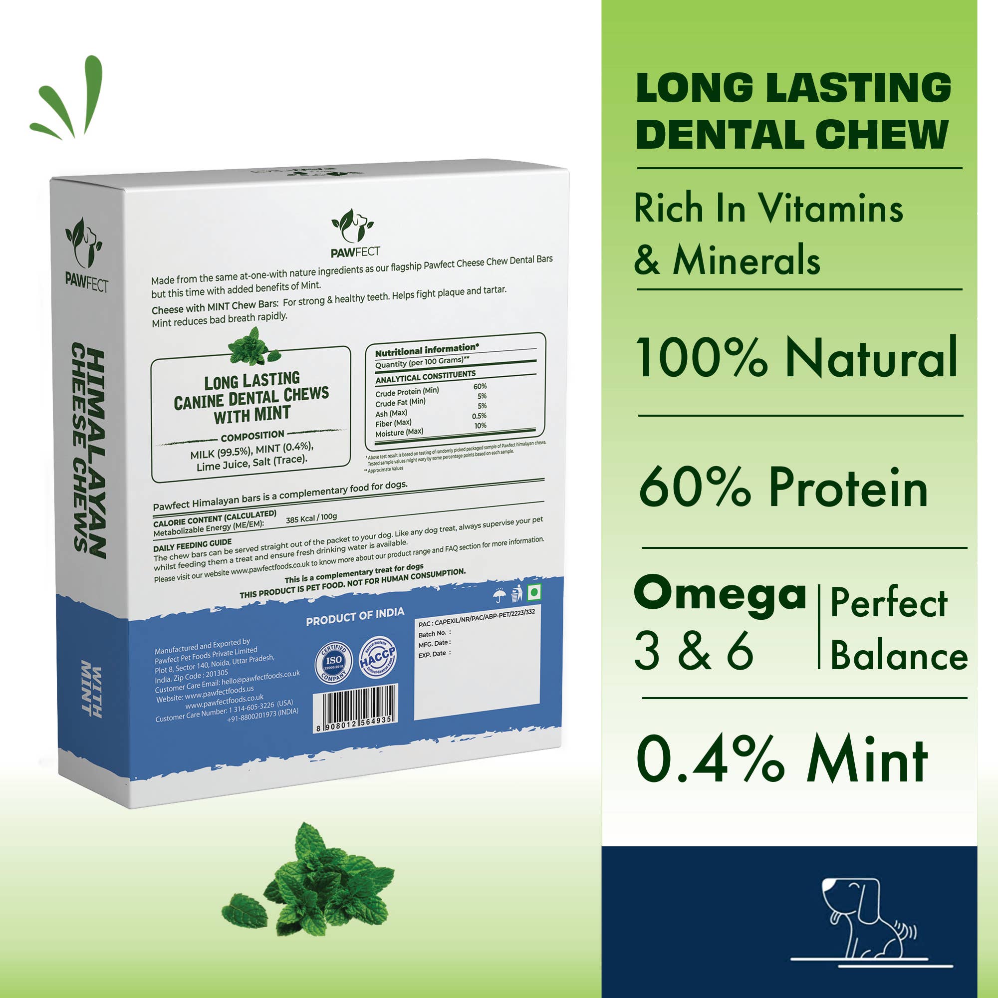 Pawfect Pet Foods Pvt Ltd - USA - Wholesale Pet Treats - Dog - Pawfect Himalayan Cheese Chews with Mint for Large Dogs| 100% Natural Dental Stick| Cleans teeth| Removes Plaque and Tartar|High protein| Grain-free | Long lasting chew | Pack of 3 1