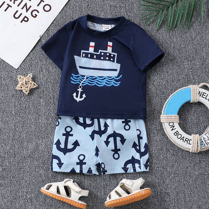 Dark Blue 2pcs Boys Baby Childlike Marine Element Tee and Shorts Set for wholesale on Faire