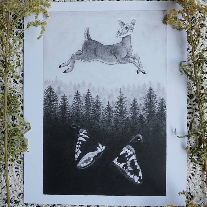 Krydser tærsklen - kunsttryk af hjort for engroshandel hos Strangely Rose