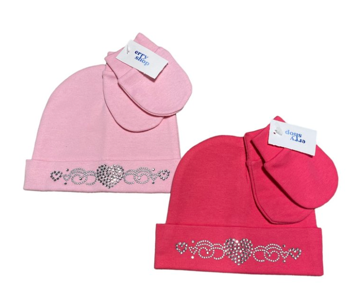 Erry Shop - Wholesale Clothing Set - Baby - NEWBORN RHINESTONE HEART MITTEN & HAT SET0