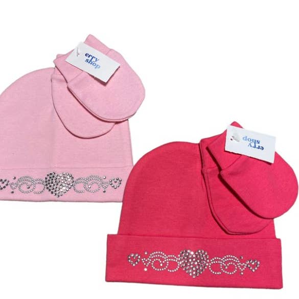 Erry Shop - Wholesale Clothing Set - Baby - NEWBORN RHINESTONE HEART MITTEN & HAT SET0