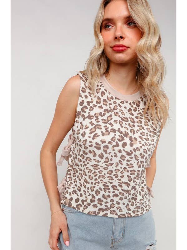 OATMEAL TAUPE Round Neck Leopard Bow Tied Top for wholesale on Faire