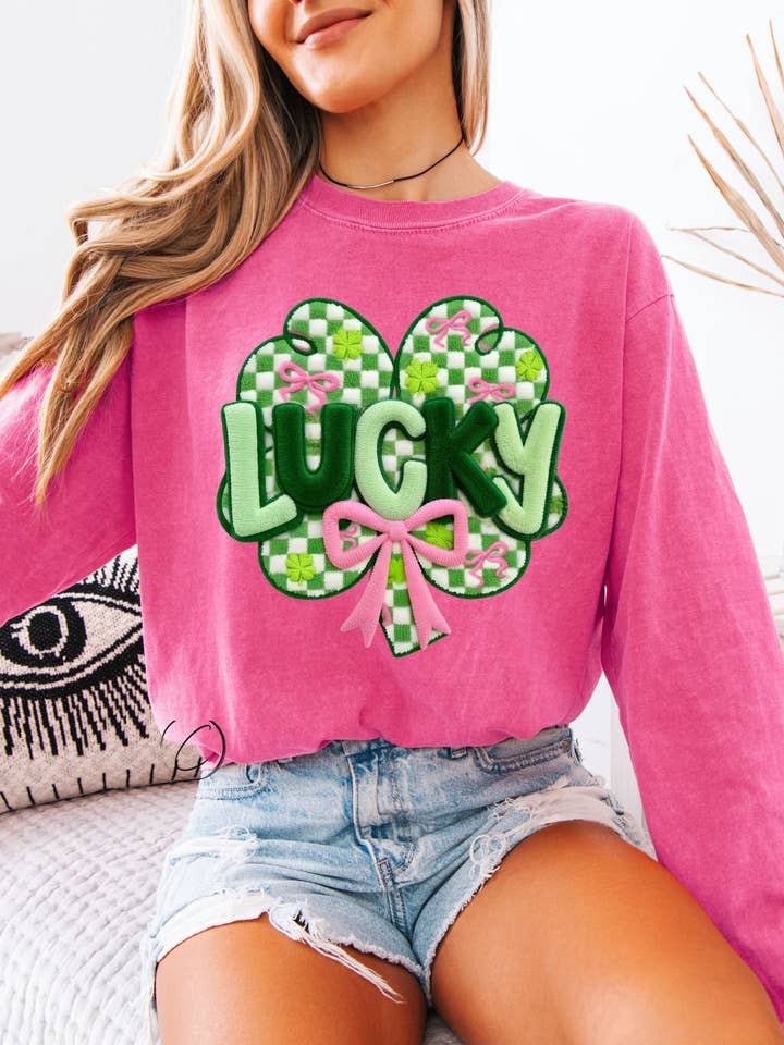 Camisola de Manga Comprida com Gráfico de Trevo da Sorte em Fio Falso por atacado de CMD Wholesale