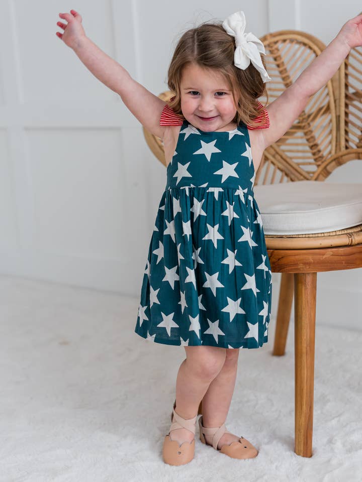 Yo Baby - Wholesale Dress - Kids - Navy Star Print Sleeve Ruffled Gathered Dress : Infant : Baby : Toddler : Tween : Kids