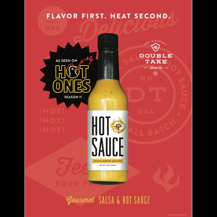 Scotch Bonnet Mustard Hot sauce. for wholesale by Double Take Salsa