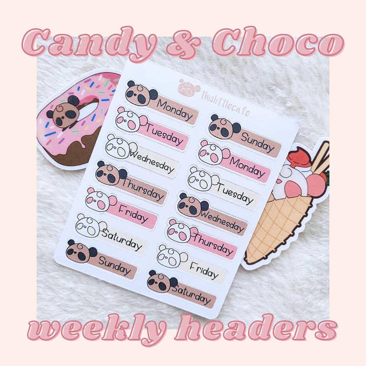 This Little Cafe – wholesale Klistermärke – Panda Day klistermärke Sheet | Choco & Candy Pandas veckodag Dotw Sheet | Söt choklad och jordgubbe Journal Deco Decor Weekly Stickers