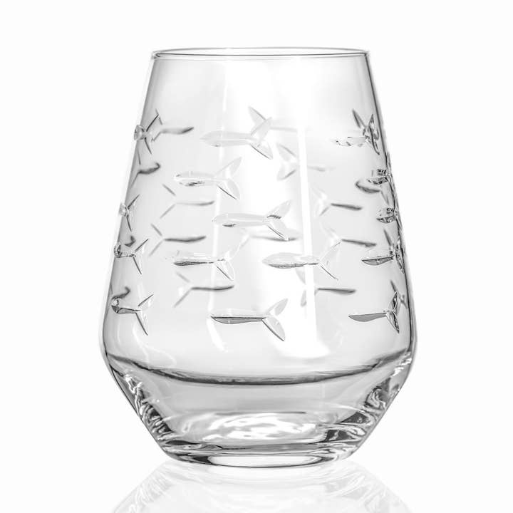 School of Fish Stemless Wine Glass 18oz for wholesale by Rolf Glass