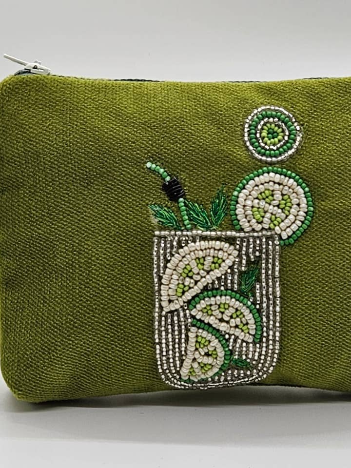 Green hand-embroidered pouch for wholesale by Krafthood London