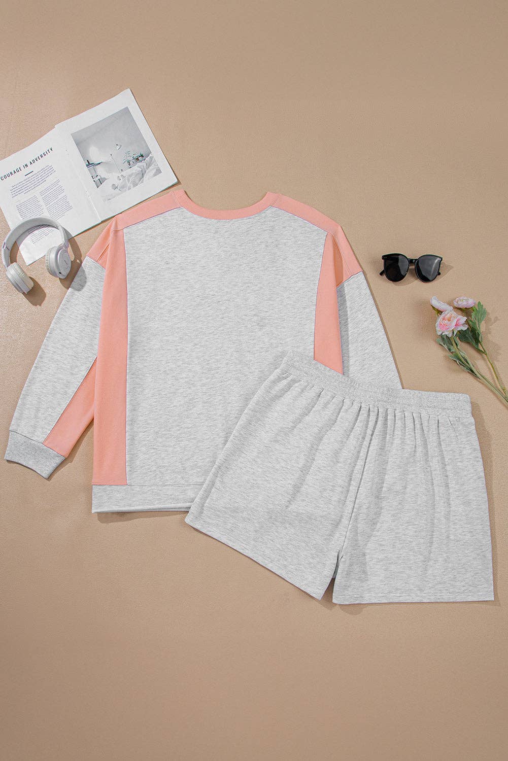 Light Grey Uneven Hem Colorblock Pullover Casual Shorts Plus Size 2pcs Outfit for wholesale on Faire7