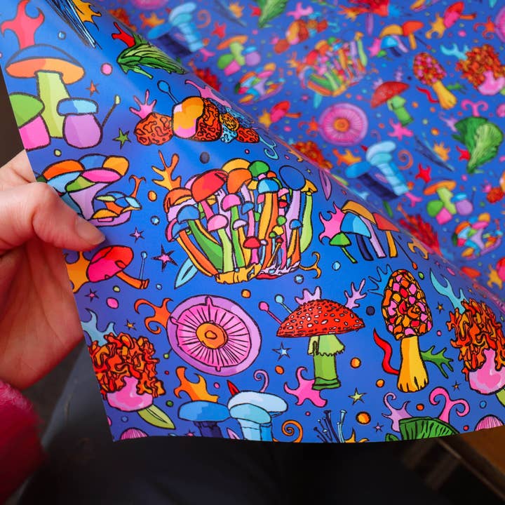 Magical Mushrooms Wrapping Paper, Blue Gift Wrap for wholesale by Freya Niamh