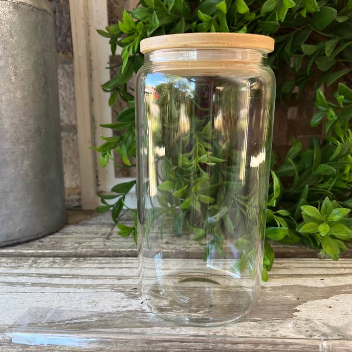 16oz CLEAR SUBLIMATION GLASS WITH BAMBOO LID AND STRAW for wholesale by Shanel's Creations LLC