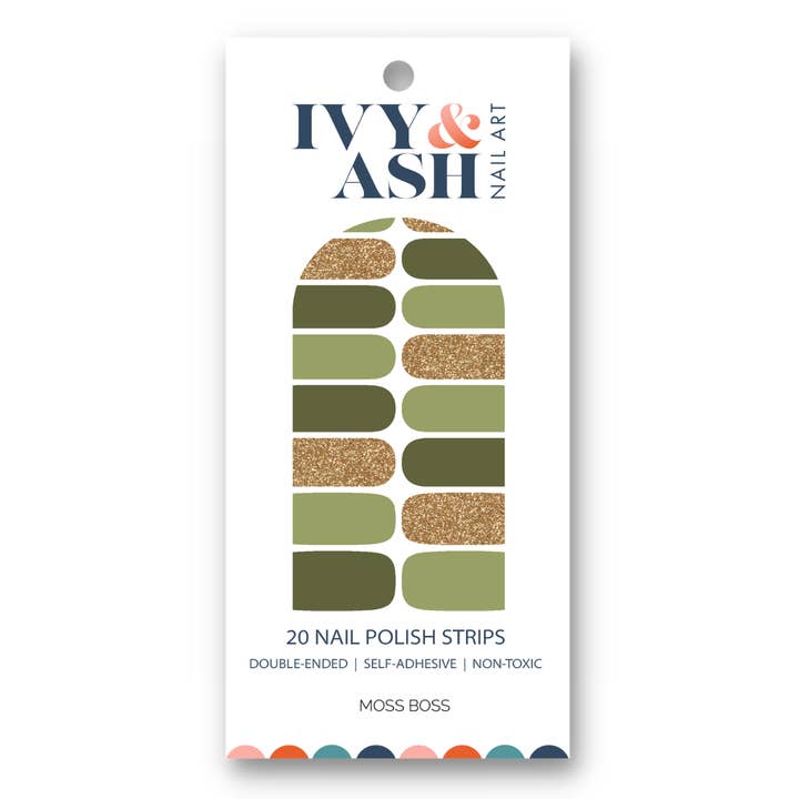 Moss Boss | Olive Green Gold Glitter Nail Polish Strips for wholesale by Ivy & Ash