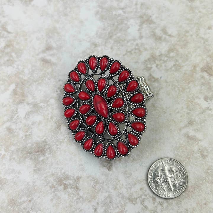 RGY220330-02-RED-SILVER Silver with red stone concho stretch Ring for wholesale by Western Elite Jewelry