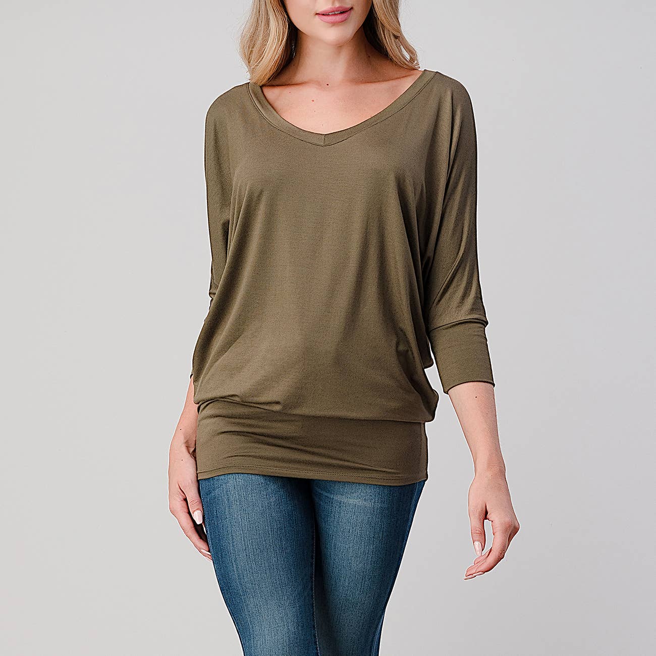 Heimious - Wholesale Knit Top - Women's - 3/4 Dolman Sleeve V-neck Modal Jersey Top, 257322