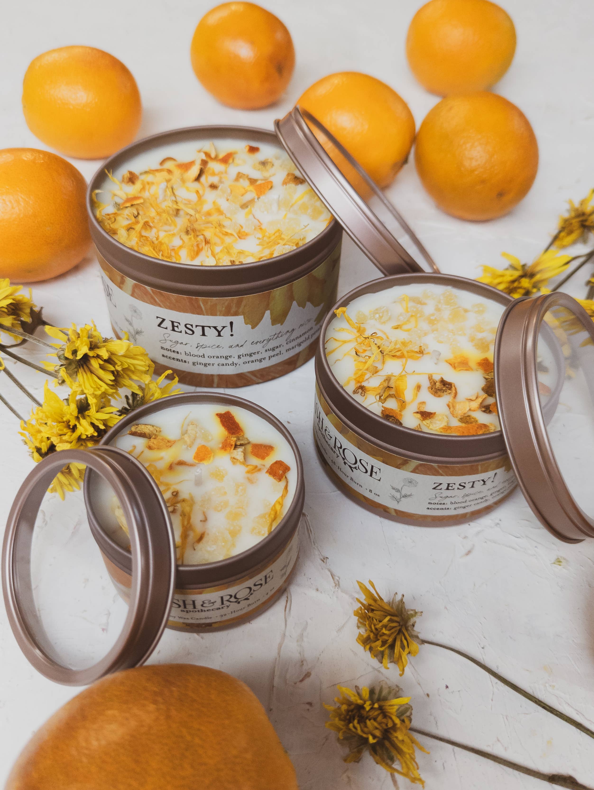 Ash & Rose - Wholesale Jar/Filled Candle - Zesty Orange Ginger Marigold Soy Tin Candle Handmade Gift1
