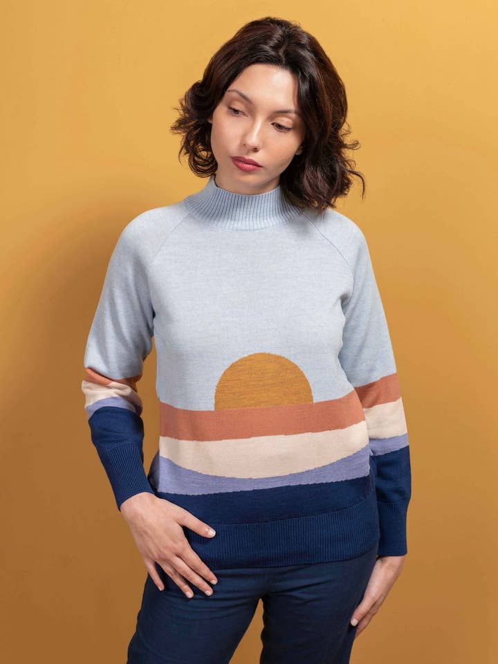 Merino wool sweater landscape sunset blue for wholesale by Magical Crisálida