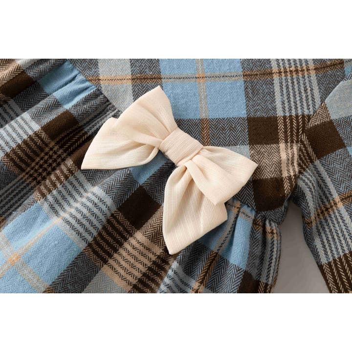 plaid Blue and brown checkered party dress with bow for wholesale on Faire