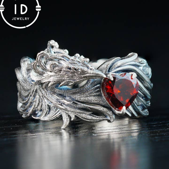 Granaatring 925 Zilveren Hart Ring Gotische Stijl Verstelbaar Geoxideerd Cadeau voor Haar Fantasie Sieraden Abstract Vlamontwerp voor wholesale door idjewelry