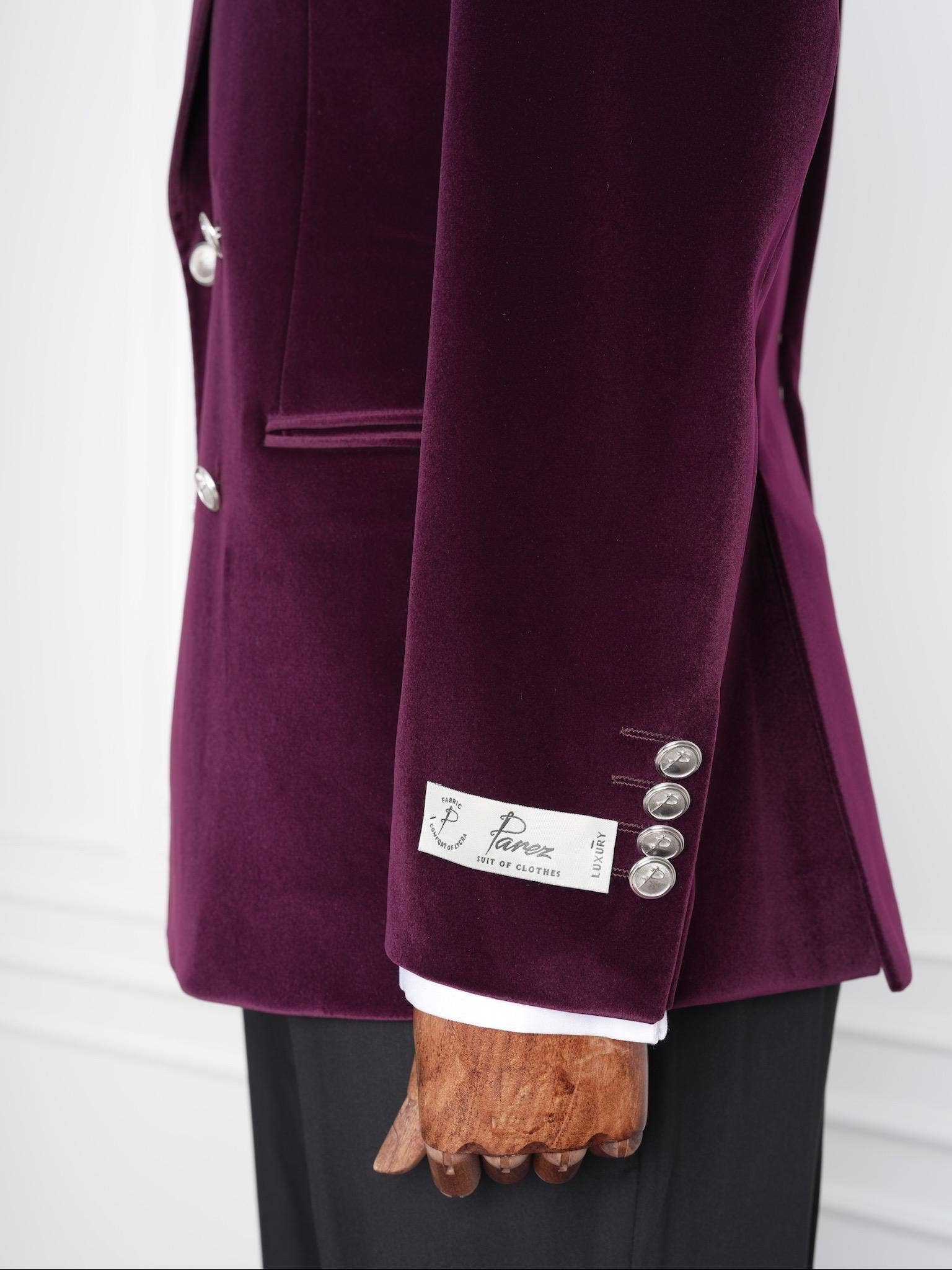 parez suits - Wholesale Tuxedo Jacket - Men's - Wine Velvet Double-Breasted Tuxedo with Signature Buttons5