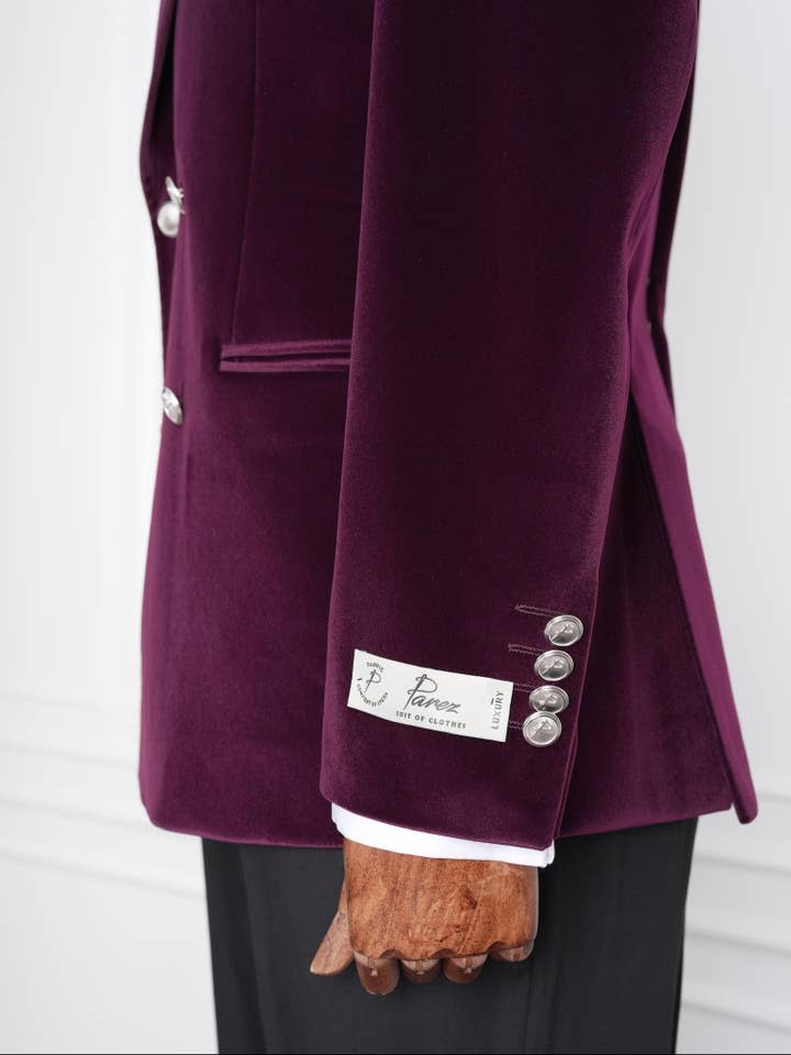 parez suits - Wholesale Tuxedo Jacket - Men's - Wine Velvet Double-Breasted Tuxedo with Signature Buttons5