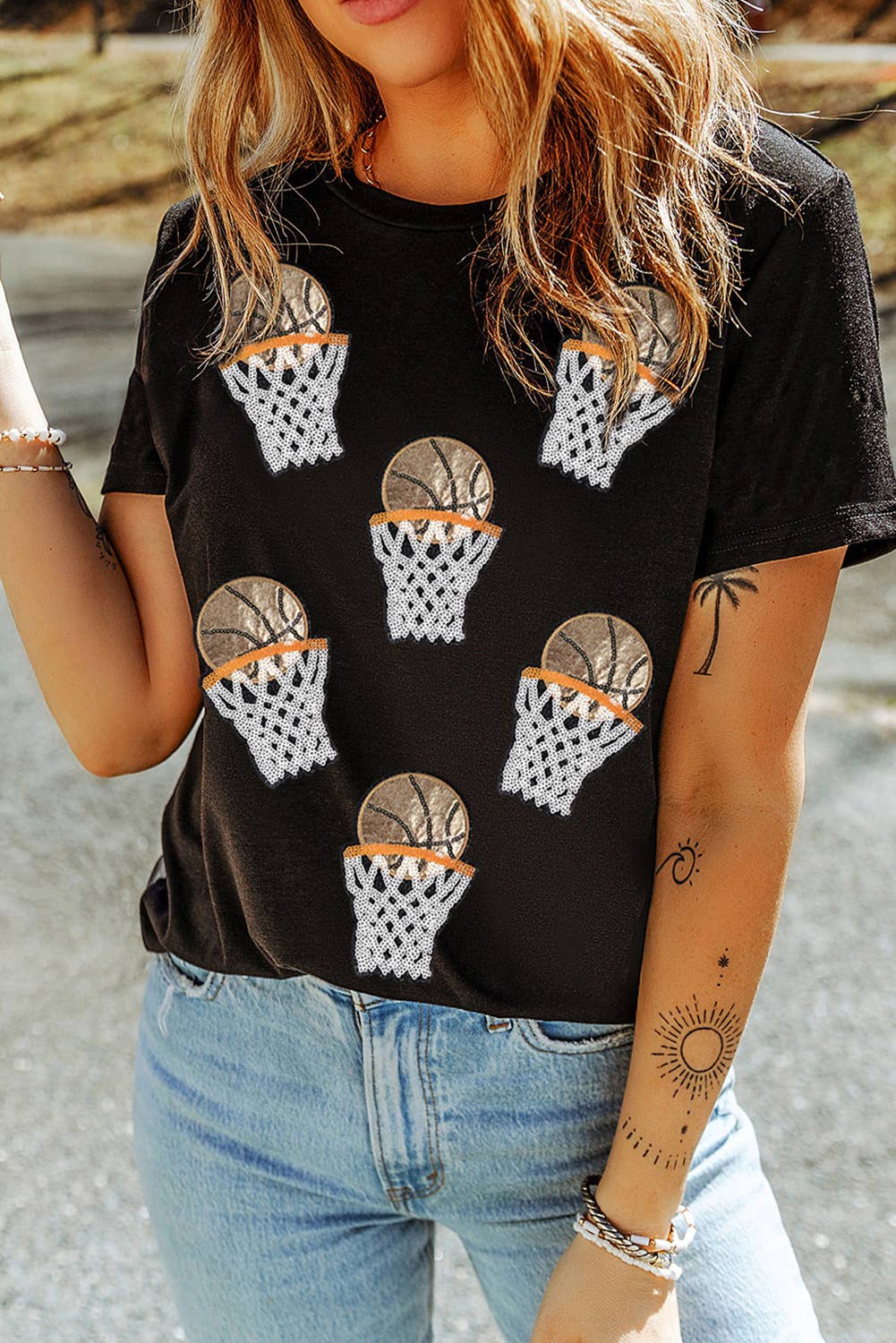 Black Sequin Basketball Patch Heat Press Graphic Game Day T Shirt for wholesale on Faire