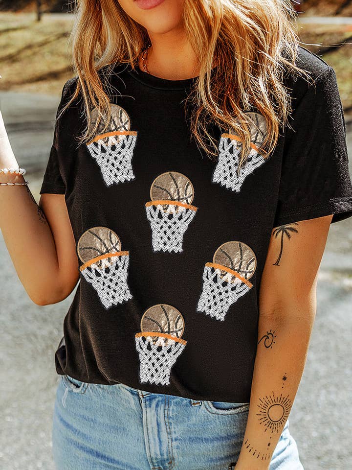 Black Sequin Basketball Patch Heat Press Graphic Game Day T Shirt for wholesale on Faire0