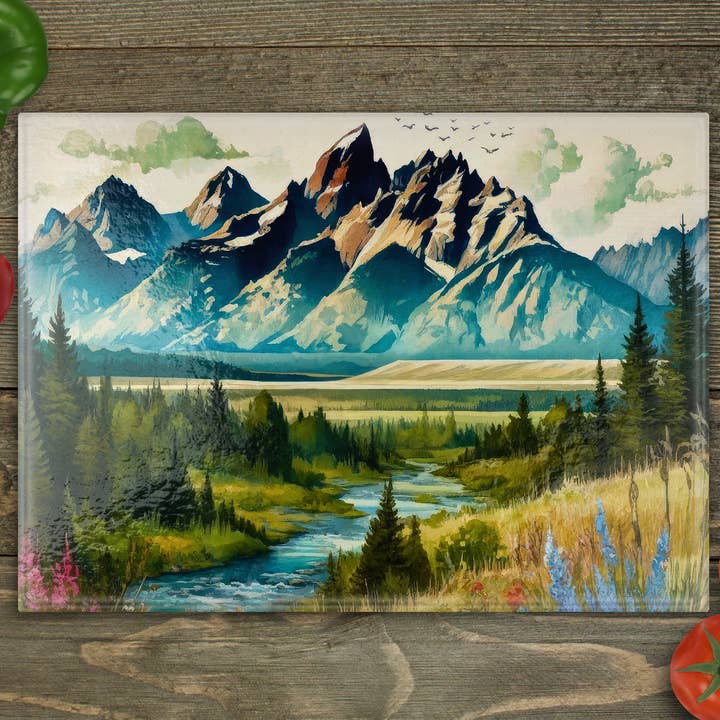 Planche à découper en verre Mountains River pour la vente par Beautiful Creations by Laney