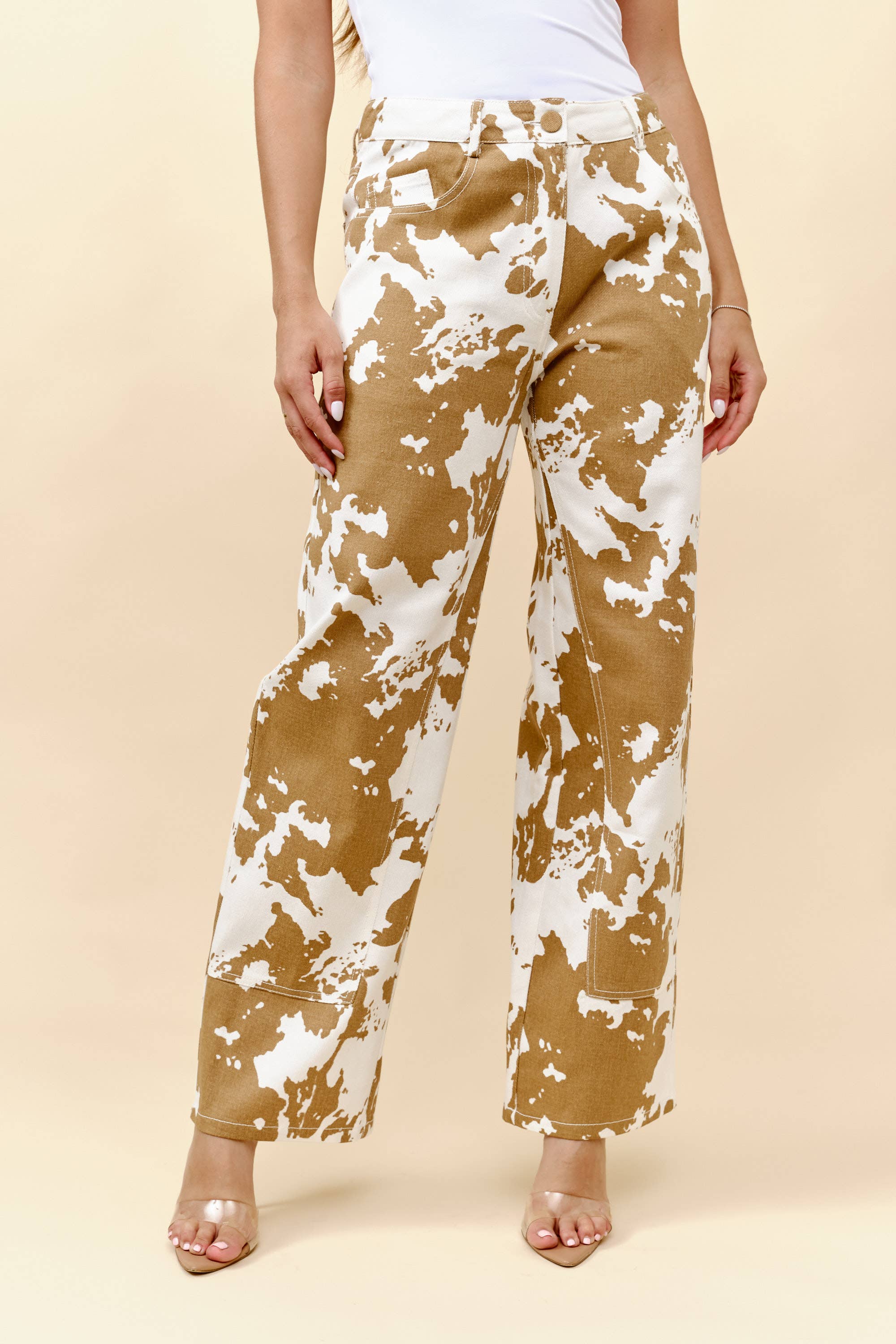 Light Beige Cow print denim straight leg jeans for wholesale on Faire