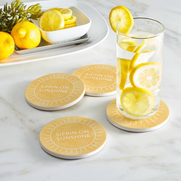 Sippin' On Sunshine Yellow Absorbent Coasters for wholesale by Love Local