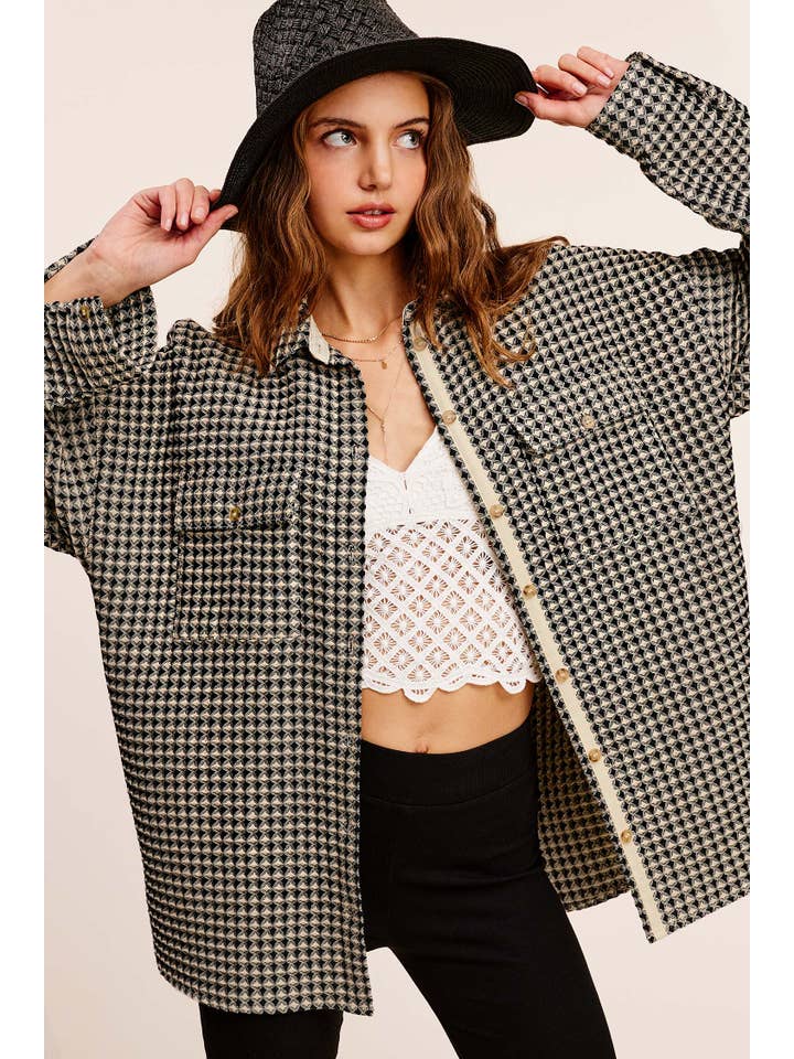 La Miel - Wholesale Shirt Jacket/Shacket - Women’s - JKT1793-Unique Waffle Textured Oversized Button Down Shacket4