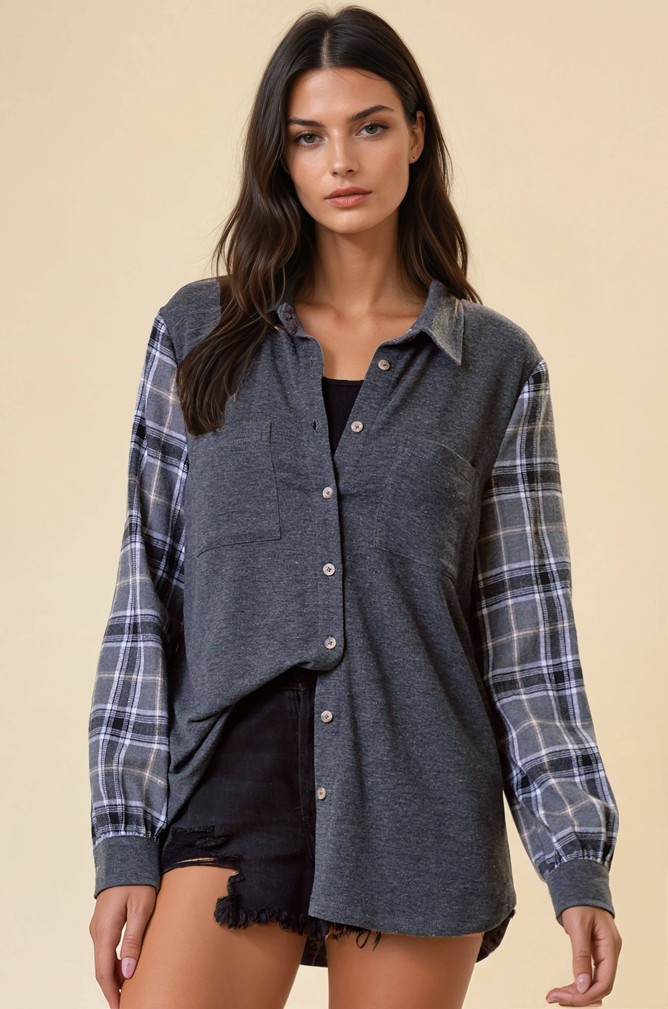 CHARCOAL PLAID SLEEVE SHIRT - 43394T for wholesale on Faire1