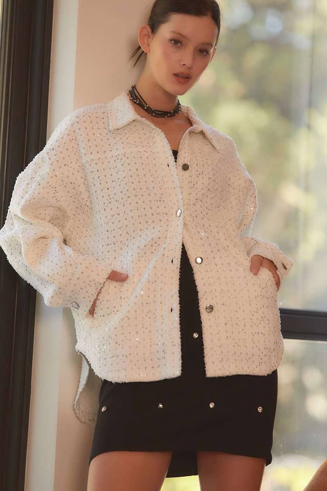 WHITE Sequin Glitter Oversize Denim Shacket for wholesale on Faire4