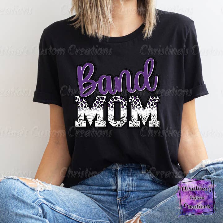 Purple Band Mom T-Shirt | Trendy School Spirit Shirt | Fast Shipping | Super Soft Shirts for Men/Women/Kid's | Bella Canvas for wholesale by Red Dirt Transfers