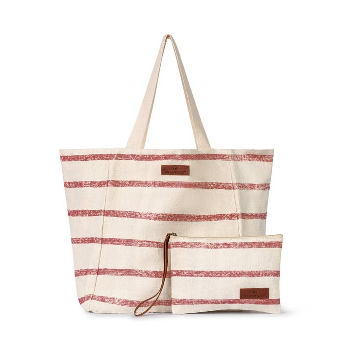 Conjunto de Saco de Praia e Bolsa Jumbie Stripe em Terracota e Branco Natural por atacado de Seaspray Swimwear
