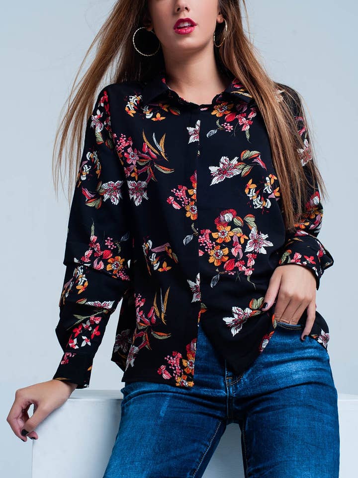 Camicia nera con stampa floreale per la vendita all'ingrosso da parte di Q2—All Orders:Free Duties for the US,UK,and Canada