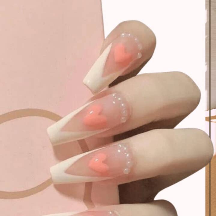 Clear Press On Nails White French Glossy Coffin Heart Nail Kit for wholesale on Faire