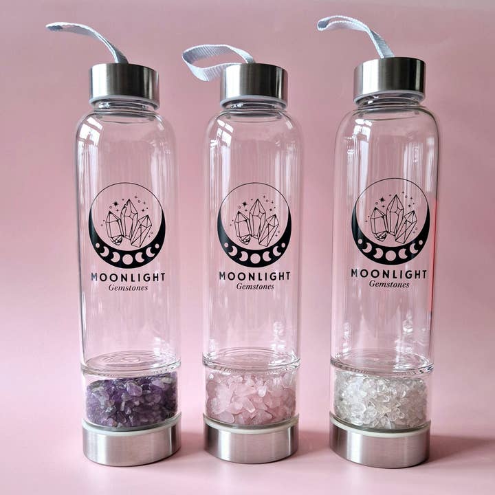 Moonlight Gemstones - Vendita all'ingrosso Borracce - Bottiglia d'Acqua in Vetro con Pietra Preziosa Cristallo di Rocca – 400 ml