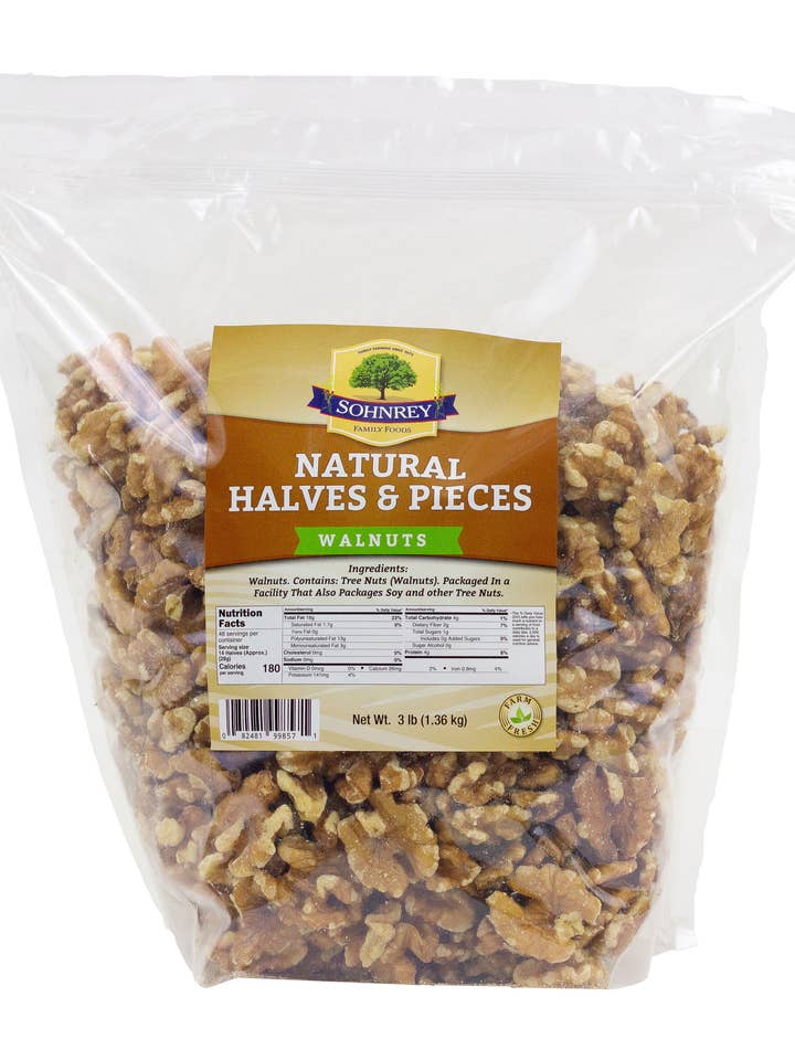 Raw California Chandler Walnuts Halves and Pieces 3 lb for wholesale by Sohnrey Family Foods LLC