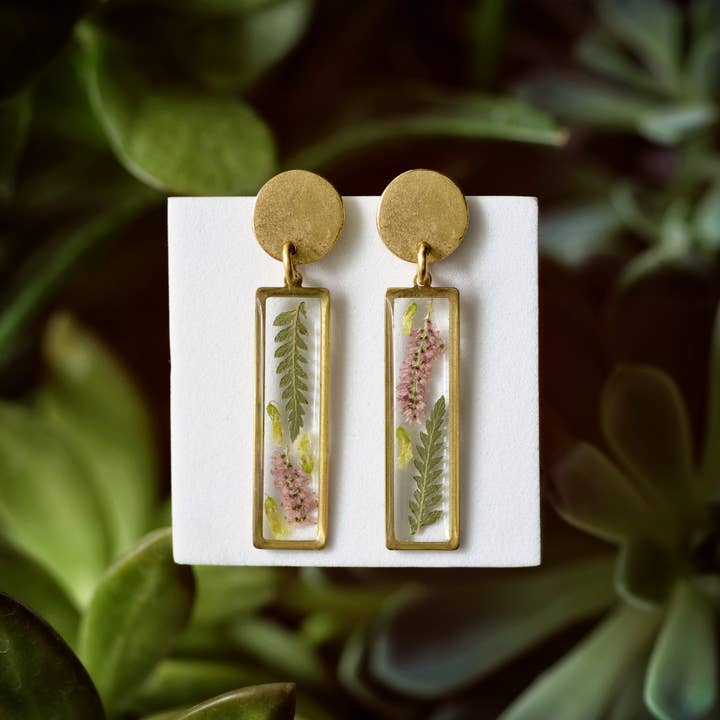 Botanical Twins Long Dangle Post Dried Flower Earrings for wholesale by Cameoko