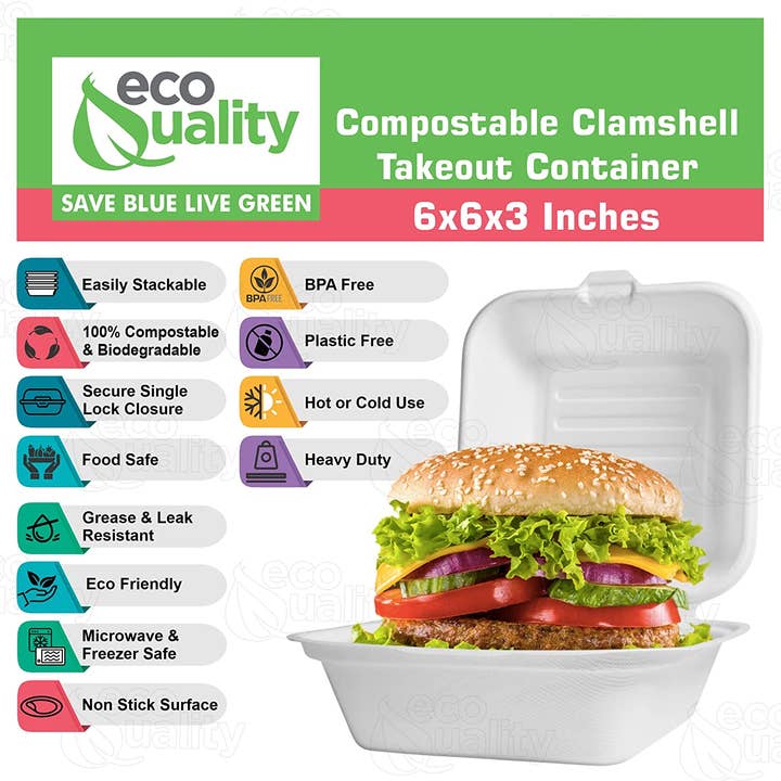 EcoQuality - Wholesale Food Storage Container - Compostable Square Hinged Clamshell 6x6 Food TakeOut Box