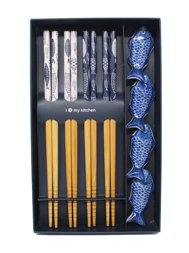 ILMK_BAMBOO CHOPSTICKS 4PAIRS SET w/ CERAMIC HOLDER_ORIENTAL for wholesale by BanzaiLA