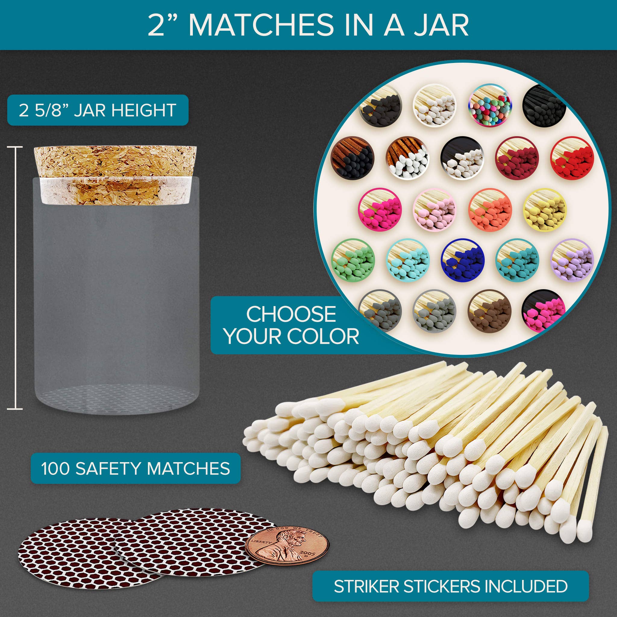 Thankful Greetings – wholesale Matches – 2" Matches in Cork Top Jar - Colors of Your Choice27