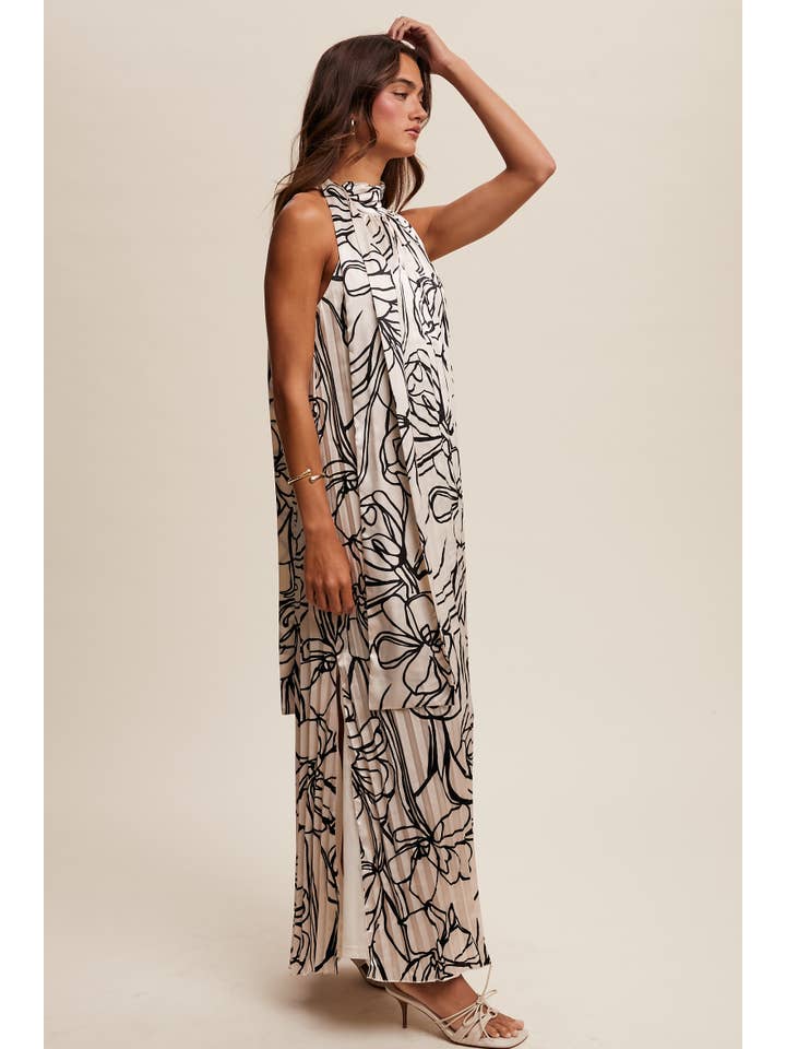 Listicle - Wholesale Dress – Women's - Pleated Floral Halter Satin Maxi Dress16