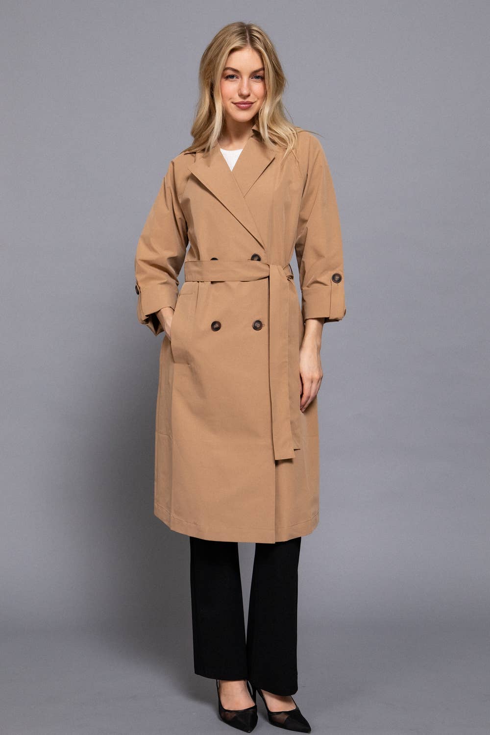 Active Basic | Active USA - Wholesale Trench Coat - Women's - Long Sleeve V-Neck Lapel Collar Trench Coat with Belt9
