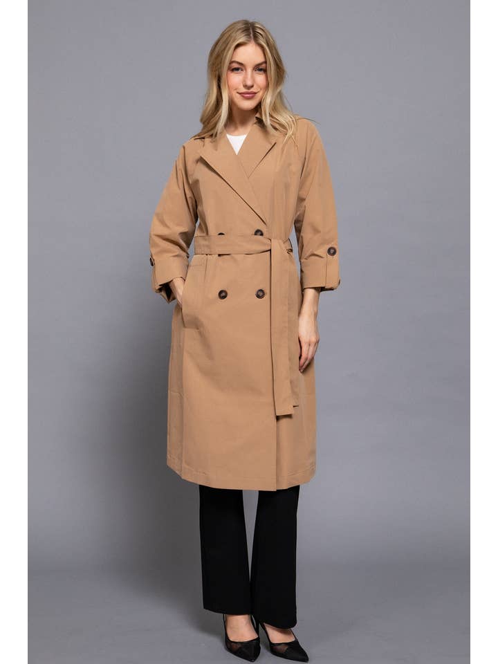 Active Basic | Active USA - Wholesale Trench Coat - Women's - Long Sleeve V-Neck Lapel Collar Trench Coat with Belt9