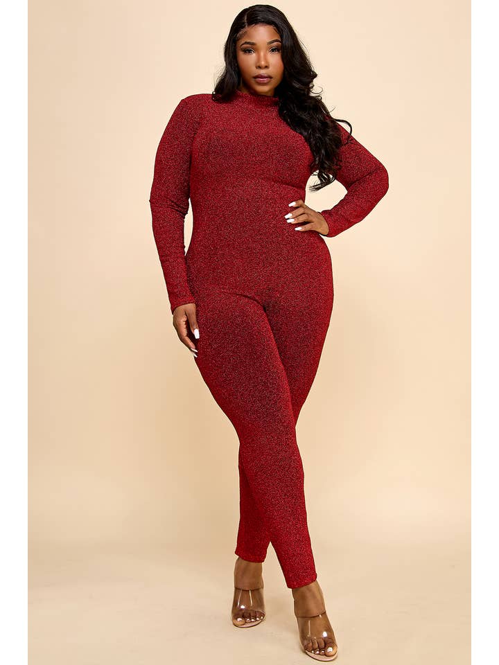 Namatt Design - Wholesale Jumpsuit - Women's - Plus Glitter Mock Neck Zipper Back Closure Catsuit14