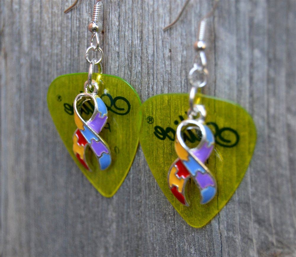 Simply Raevyn - Wholesale Dangle Earrings - Autism Awareness Ribbon Charm Guitar Pick Earrings0