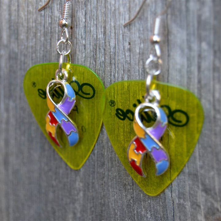 Simply Raevyn - Wholesale Dangle Earrings - Autism Awareness Ribbon Charm Guitar Pick Earrings